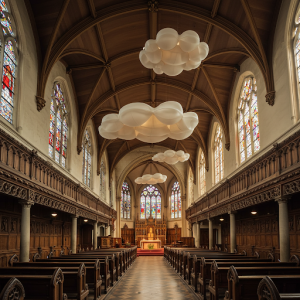 Church soundproofing strategies: Acoustic clouds are useful in a high-ceilinged church to absorb sound. 