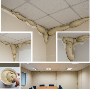 Acoustic putty is used to seal and reduce noise transmission in joints, cracks, and perforations in the meeting room walls and ceiling.