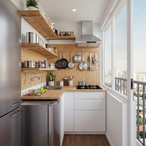 Balcony kitchen utilizes walls with shelving, hanging racks, and pegboards.