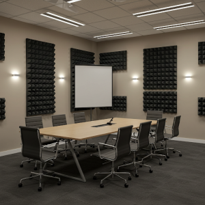 Bass traps are in the corners of the meeting room, where low-frequency sound waves tend to accumulate. Generate an image.