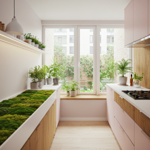 Biophilic office kitchenette design. 