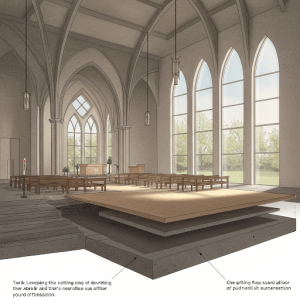 Church with a floating floor, we decouple the floor from the structure, reducing sound transmission.