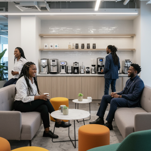 Combining a lounge area with a coffee corner creates a pleasant place to chat with colleagues over a cup of coffee, promoting a more informal atmosphere.