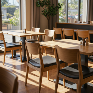 Comfortable dining chairs and tables.