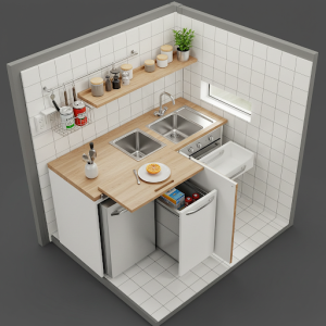 Compact, tiny kitchen interior design.