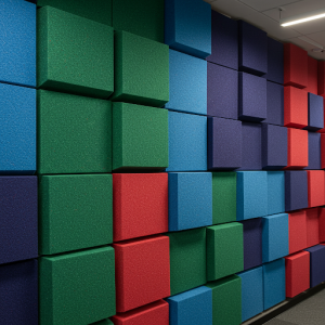Decorative acoustic panels are mounted on the entire wall.