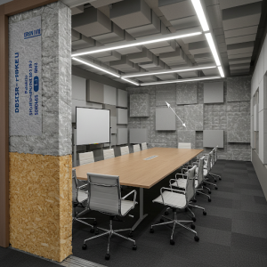 Dense-packed cellulose insulation, especially dense-packed, significantly improves soundproofing in a meeting room.