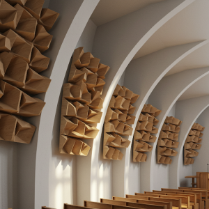 Diffusers, employed to scatter sound waves, are crucial in mitigating the focusing effect of the rounded church arches, ensuring a more uniform sound field. 