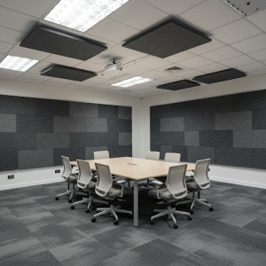 Felt acoustic panels are strategically placed in a conference room for optimal sound absorption.