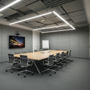 Glass wool lining acoustic panels for a meeting room