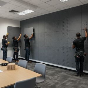 Installation of perforated mineral fiber acoustic panels in a meeting room.