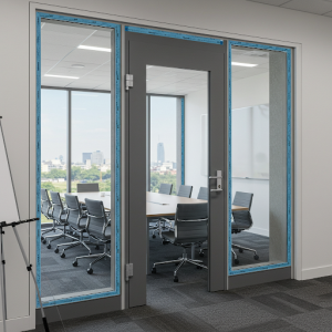 Insulating materials are used on windows and doors to block outside noise and ensure greater privacy in the meeting room.