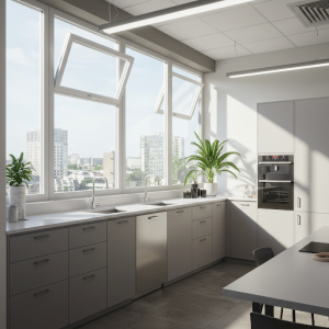 Keep windows unobstructed to allow natural light to flow into the office kitchen.