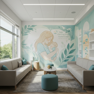 Lactation room design with "mother and child mural"