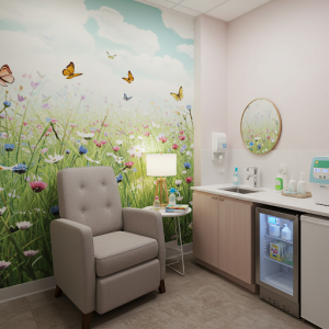 Lactation room with a wallpaper mural, a comfortable chair, a small table, a sink, and a refrigerator for milk storage.