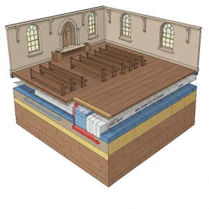 Mass-Loaded Vinyl (MLV) is integrated into the church floor structure, preventing sound waves from passing through.
