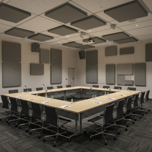 Meeting room layout to control reverberation, noise, and sound distribution.