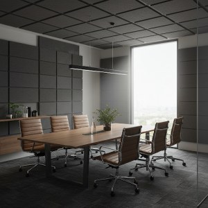 Melamine foam acoustic application in medium-sized office room. 