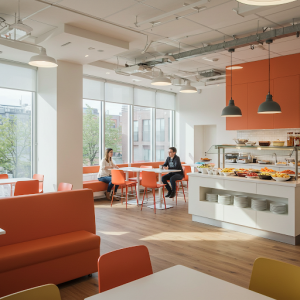 Modern and welcoming office canteen dining area.