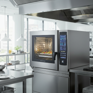 Modern commercial office kitchen high-speed, programmable oven.