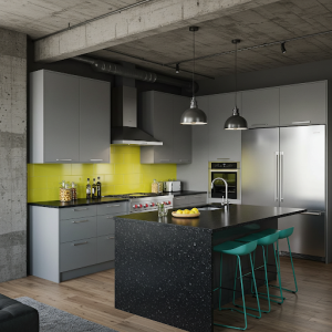 Modern loft style kitchen, black and grey, diluted with bright color accents.