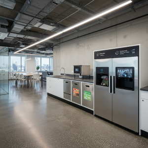 Modern office kitchen composting system and recycling station.