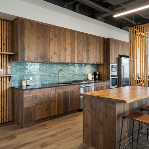 Modern office kitchen design using eco-friendly reclaimed wood, recycled glass, and bamboo.