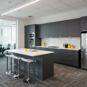 Modern two-colour scheme office kitchen interior design.