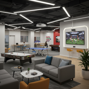 Office breakroom game area design.