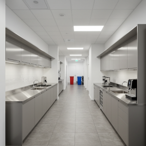 Office kitchen layout that facilitates smooth traffic flow.