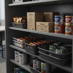 Office kitchenette storage trays, boxes, and cans.