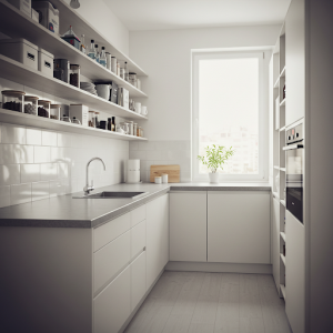 Open shelving creates a sense of spaciousness while providing storage in a small kitchen.