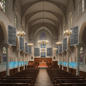 Placing panels at first reflection points, where sound bounces off surfaces towards listeners, drastically improves speech intelligibility in a church.