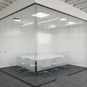 Polymer acoustic membranes are integrated into a meeting room glass partition walls to enhance soundproofing.