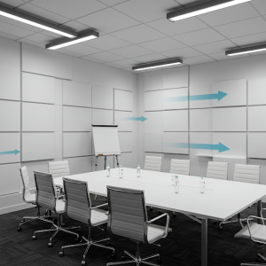 Polyurethane Foam Panels, strategically placed on walls and ceilings, to help minimize the meeting room's excessive reverberation.