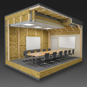 Rock wool is used as an acoustic and thermal insulator in a meeting room.