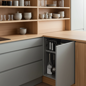 Shelves, drawers, and a discreet cupboard useful for storing kitchen utensils.