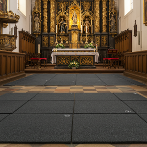 Sound-absorbing mats in front of the church altar.