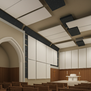 Soundproof drywall used in a church in conjunction with other soundproofing materials, such as Mass Loaded Vinyl (MLV).