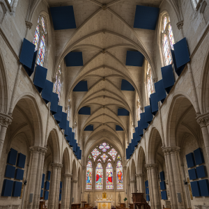 Strategic placement of sound-absorbing fabric-wrapped elements on walls and within the upper reaches of the Gothic church.