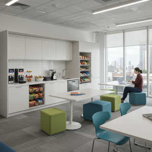 Strategically located office breakroom for quick access. Employing lightweight, adaptable furniture for flexible arrangements. And integrated readily available snacks and easy-to-clean surfaces. 