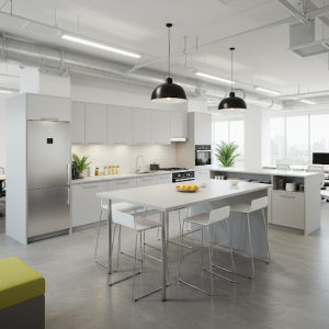 The square modern office kitchen layout lends itself well to open-concept design.