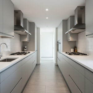 This gallery kitchen features two runs of cabinets and countertops that run parallel to each other, creating a central walkway.