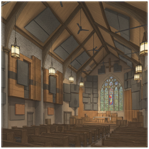 an image depicting soundproofing strategies for a church, showcasing acoustic panels, bass traps, and soundproof curtains