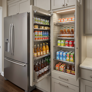 beverage supplies storage next to the refrigerator.