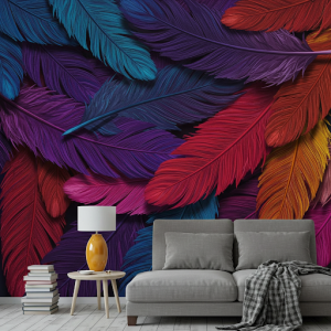 Tailor-made 3D wallpaper mural, layered depiction of colourful feathers.