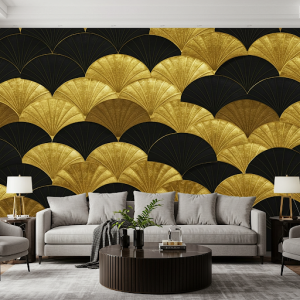 3d wallpaper mural with overlapping gold and black fan shapes that appear to lift off the wall slightly, creating a dynamic focal point.