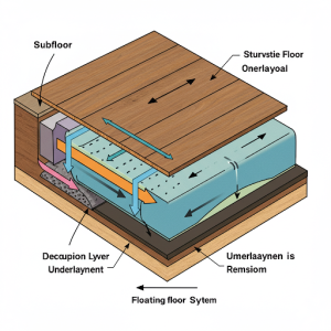 A floating floor system, decoupling the flooring from the subfloor, reducing vibration transfer.