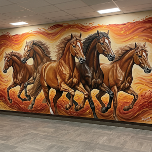 A mural featuring a group of horses, amplifying energy, vitality, power, and endurance.