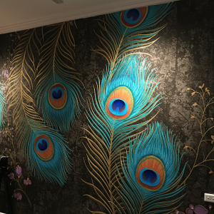 A mural featuring large, stylized peacock feathers with subtly raised metallic gold outlines that catch the light and create a three-dimensional effect.
